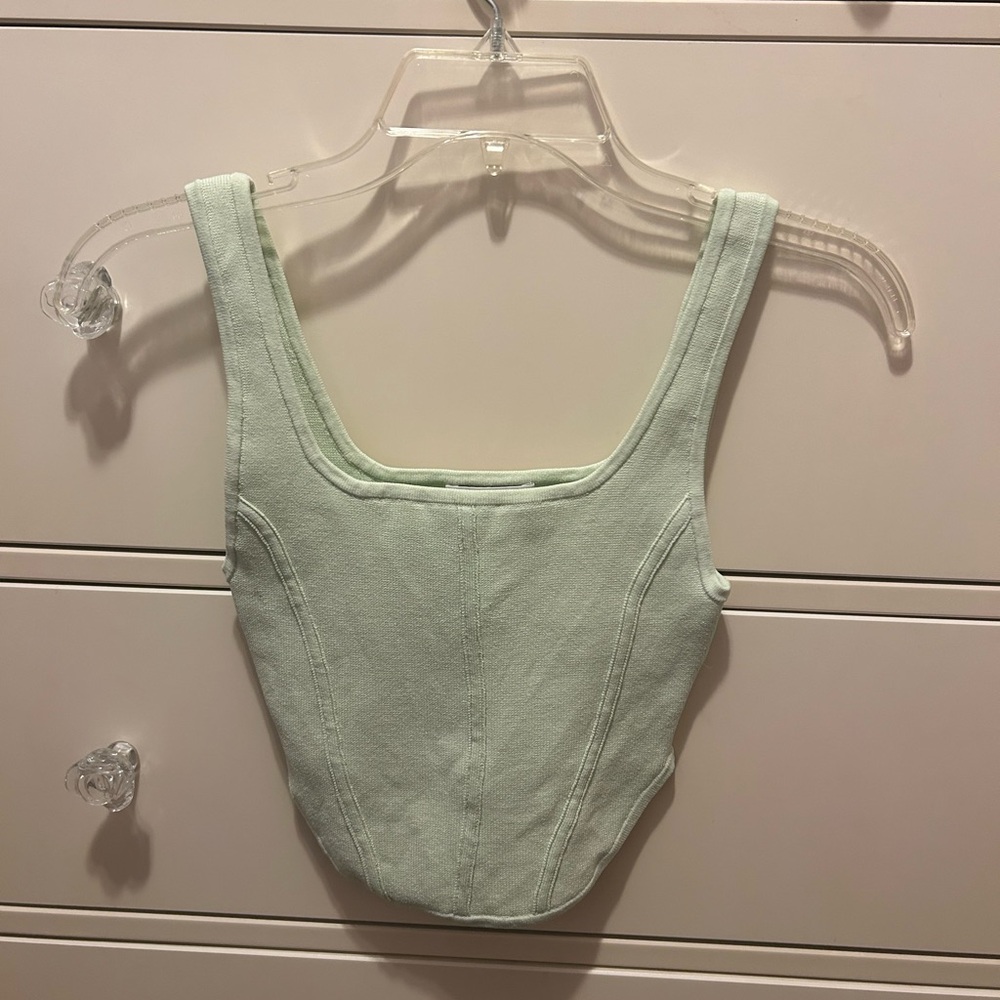 Aritzia Babaton NWT Green Sculpt Knit Square Neck Ribbed Stretch Cropped Top XS
